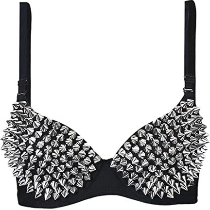 GHAKKE Sexy Bras Women Party All-over Spike Rivet Metallic Punk Dance Push Up Bra Nightclub Costumes Bras Bralette (Color : Black, Size : 34)