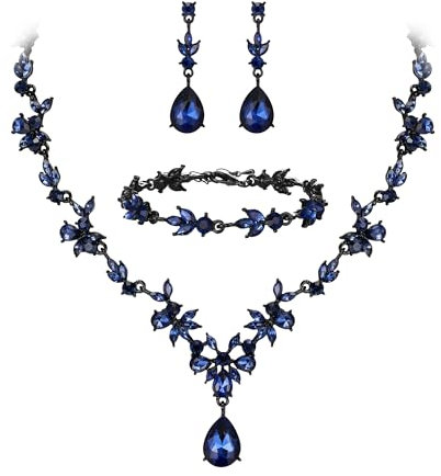 Clearine Hochzeit Schmuckset für Damen Braut Y Halskette Tennis Armband und Ohrringe baumeln Set Kristall Teardrop Marquise Cluster Schmuck für Brautjungfer Saphir Blau Schwarz Ton