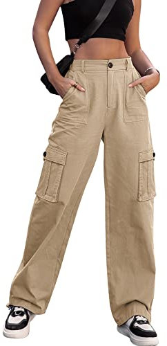 Breampot Womens Cargo Trousers High Waist Hiking Walking Combat Pants Casual Work Bottoms Outdoor Streetwear(Khaki,Small)