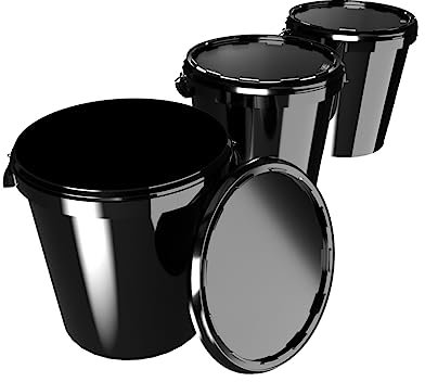 FIXEDBYU Lot de 3 seaux avec couvercle - 30 l - Fabriqué en Allemagne - Stable, hermétique - Poubelle de stockage pour aliments, bureau, chambre d'enfant, ménage, atelier et gastronomie - Noir