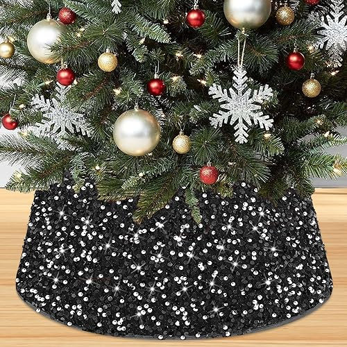 Schwarzer Weihnachtsbaumkragen und Halloween-Baumrock – 60 cm glitzernde Pailletten-Samt-Dekorationen – Weihnachtsbaum-Ständer-Basisabdeckung für Winterferien