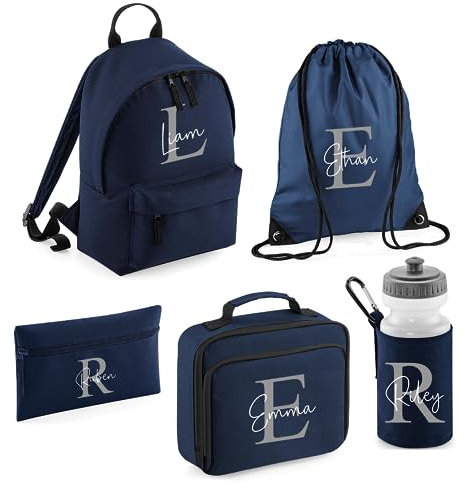 Personalised Kids Back To School Kit with Custom Name - Navy Blue with Grey Initial Backpack, Lunch Bag, PE Kit Bag, Pencil Case & Water Bottle - Perfect for Boys & Girls Starting Nursery or School