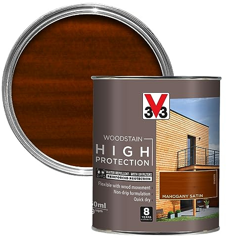 V33 High Protection Woodstain for Exterior Wood, Mahogany, 750ml | 8-year guarantee, Water-repellent & microporous, Two-coat application, Quick-drying, Non-drip formula