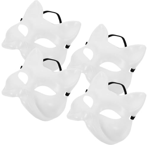 4 Stück Weiße Papiermasken, DIY Blanke Therian Masken | Halbgesichts-Katzenmaske, Unbemalte Anime-Cosplay-Maske, Tierzellstoff für Maskerade, Cosplay, Festivalparty