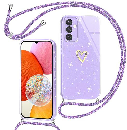 Yichxu Handyband für Samsung Galaxy A14 Hülle mit Band, Glitzer Herz Silikon Handyhülle Kordel zum Umhängen, Schutzhülle mit Kette TPU Stoßfest Necklace Handy Hülle für Samsung A14 4G/5G, Lila