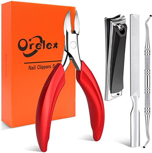 Orelex Nail Clippers for Ingrown Toenails, 4PCS Toenail Clipper Set | Stainless Steel Toenail Scissors Kit, Heavy Duty Toe Nail Clipper with Handle, Ideal for Seniors, Men and Women