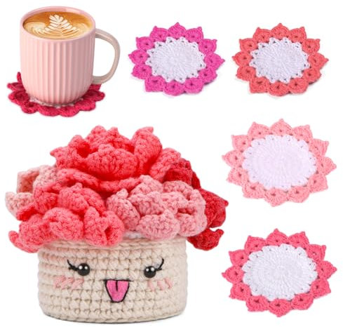 MASPHY Anfänger Häkelset, 6-Teiliges Set Teetasse Matte Häkelset, Komplettes Anfänger Häkelset, Einschließlich Garn, Zubehör, Schritt-für-Schritt Video Tutorial für Erwachsene Anfänger