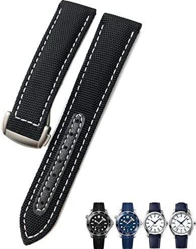 BRART Uhrenarmband aus gewebtem Nylon, 19 mm und 20 mm, Schwarz und Blau, mit Faltschließe, Lederarmband für Omega AT150 AQUA TERRA Seamaster Tissot, 21mm, Achat