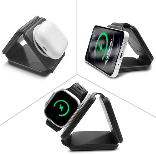 Magnetic Wireless Charger for iPhone: Foldable 3 in 1 Charging Station for Multiple Apple Devices - Travel Charging Pad Dock for Apple Watch iPhone 15 14 13 12 Pro Max Plus & Airpod (Black)