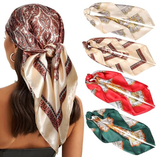 WELROG 90×90cm Große Quadratische Kopftuch Damen - 4 Stück Bandana Seidentuch Haare Haartuch Frauen zum Binden Halstuch