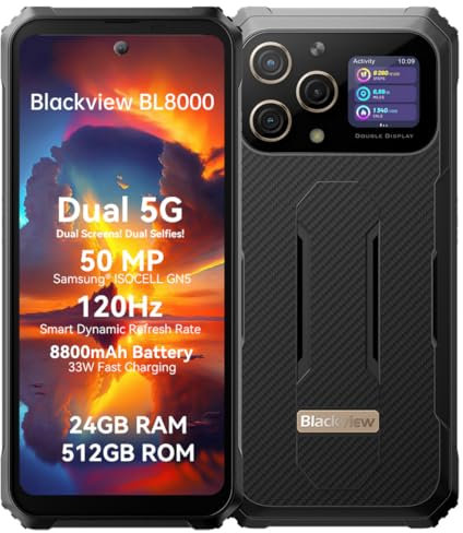 Blackview Outdoor Smartphone Dual 5G BL8000, Dimensity 7050 24GB+512GB, 50MP Kamera, 6,78'' 2,4K Dual-Bildschirm, 8800mAh Akku 33W Schnellladung, IP68 Handy Ohne Vertrag, NFC GPS OTG Gold
