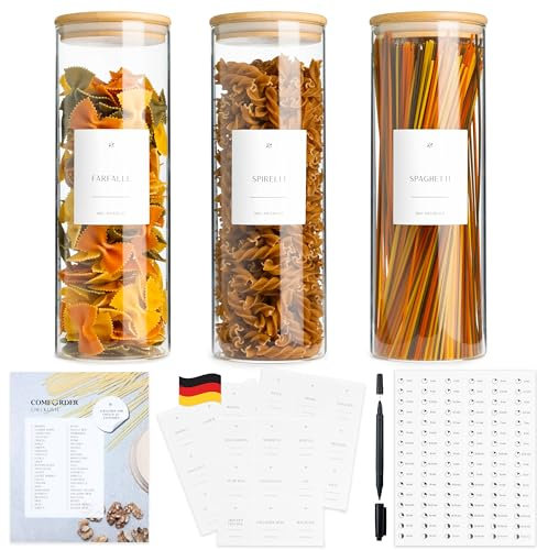 Vorratsgläser mit Deckel Set (3 Stück) 1700ml – Luftdichte Vorratsdosen Glas mit Bambusdeckel, große Vorratsbehälter für Mehl, Müsli & Spaghetti Aufbewahrung, inkl. Gewürzetiketten & Marker, rund