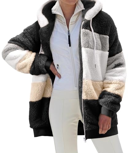 CMTOP Felpa Donna con Cappuccio Caldo Felpa in Pile Teddy Autunno Invernali Cappotto Patchwork Peluche Felpa Donna con Zip Outwear Casual Hoodie Giacca con 2 Tasche