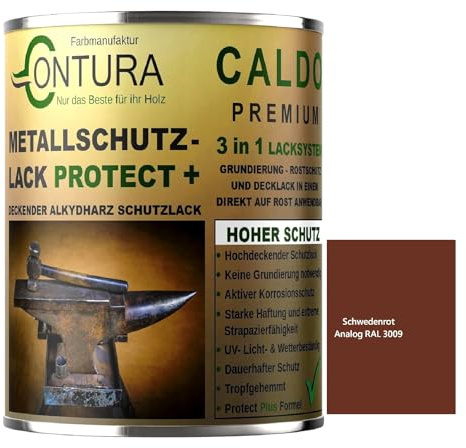 Contura 3in1 Rostschutzfarbe Metallschutzlack Seidenmatt RAL Metall Lack Farbe Grundierung (RAL 3009 (Intern: Schwedenrot), 500ml.)