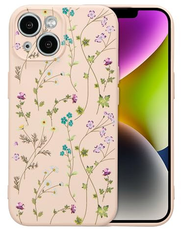 RALEAVO Flower Case for iPhone 14, Liquid Silicone Shockproof Protection Case Cover for Girls Women with Aesthetic Cute Floral Patterns Soft Slim Phone Case for iPhone 14 6.1-Pink