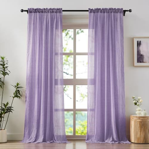Anpark Elegante Vorhänge, Violett, Wohnzimmer, Schlafzimmer, weiche Baumwoll-Leinen-Knitter-Vorhänge, lichtdurchlässig, Privatsphäre, natürliche Voile, 2 Paneele, Stangentasche, B132 x L213 cm