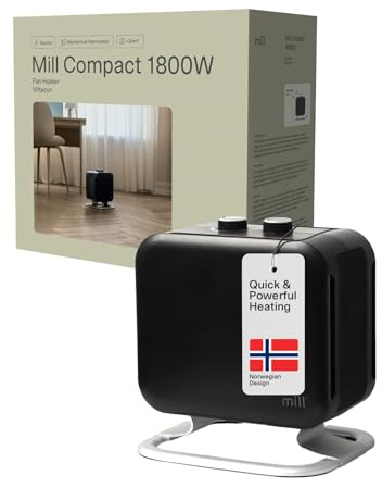 Mill Compact Portable Fan Heater 1800W, PTC Ceramic Heater for 5-30m2, Electric Heaters for Home, Elegant, Quiet Electric Radiators Free Standing, Rapid Heat Black Plug In Radiator Designed in Norway