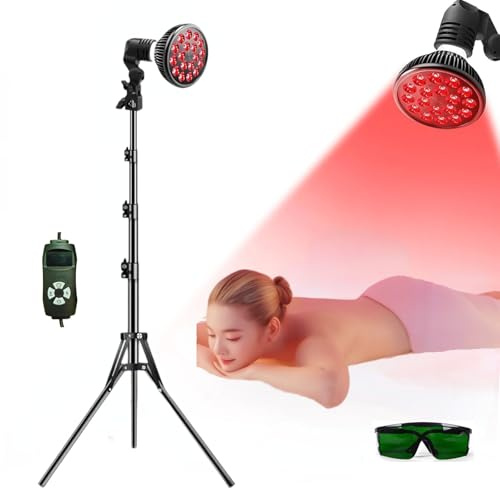 Rotlichttherapielampe mit 660 nm & 850 nm Nahinfrarotlicht, E27 Heizlampe für Gesicht, Rücken, Nacken, Körper, Taille, Schmerzlinderung, mit Tischständer, Timer, 5 Stufen (Bodenhalterungsstil)
