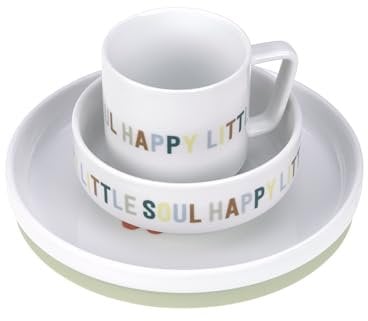 LÄSSIG Set de vaisselle en porcelaine Set de vaisselle pour enfants Assiette Bol Tasse avec anneau en silicone antidérapant Vaisselle pour enfants/Happy Fruits