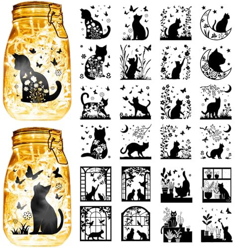 CREATCABIN 24 Stil Einmachglas Dekor Weihnachts Silhouetten Aufkleber Scrapbooking Aufkleber Ausschnitt Aufkleber Katzen Pflanzen Wasserfest Für Weihnachten Wände Fenster Milchglas Laterne 9x10 cm