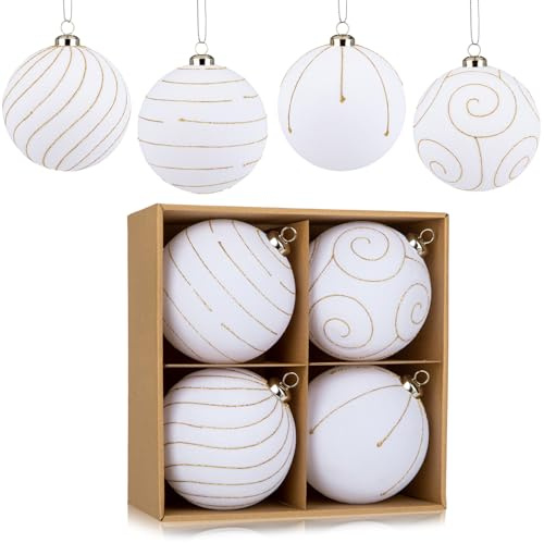 12 cm Large Velvet Christmas Baubles Set of 4, White Hanging Tree Decorations with Gold Glitter Lines, Big Shatterproof Christmas Ornaments for Holiday Tree, Home, Party & Festive Décor
