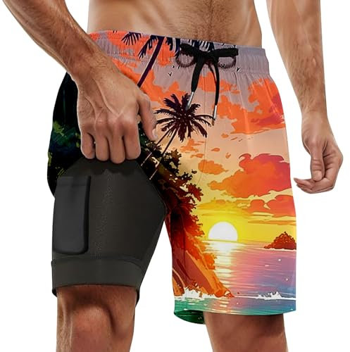 Short de Bain Homme 2 en 1, Maillot de Bain Homme Piscine Séchage Rapide avec Doublure de Compression Boxer de Bain Grande Taille Léger Shorts de Plage Natation Surf avec 2 Poches, Style Hawaïen XL
