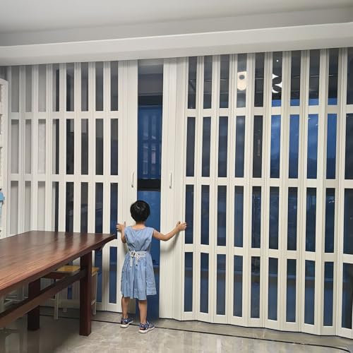 Porta scorrevole pieghevole in PVC bianco, doppia porta a fisarmonica per interni, con pannello in acrilico trasparente, effetto quercia, per cucine aperte, 1,7 m (61 x 101 cm)