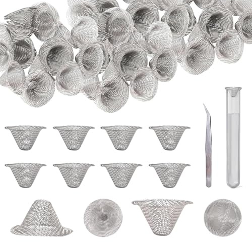 50 Pcs Tapered Screens Filter,Tapered Pre-Cut Bowl Filter Screen, Reusable Mesh Bowl Screens(Bring a Pair Tweezers)