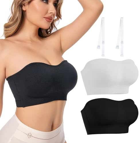SHOCHX 2 Stück Bandeau BH Damen Trägerloser BH Push Up Bustier Top ohne Bügel Schulterfrei Bra Tube Top mit Rutschfester Silikon