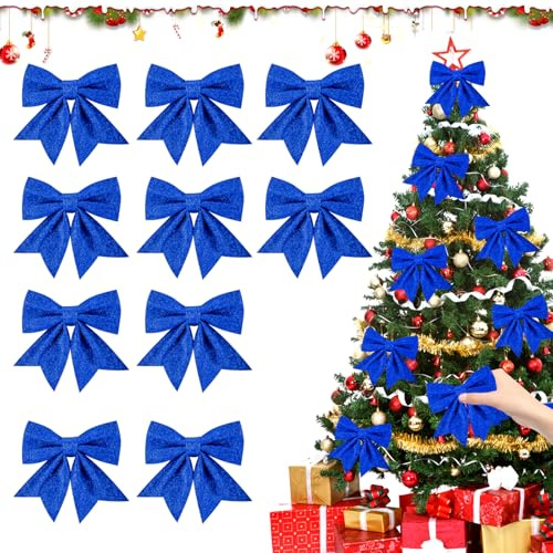 Smdbzda 10 Stück Blau Weihnachtsschleifen, 14x15cm Glitzer Weihnachtsbaum Schleifen, Weihnachtsbaum Bogen Schleife, Glitzer Schleifen, für Weihnachtsbaumschmuck, Weihnachtskranz, Weihnachtsfeiern