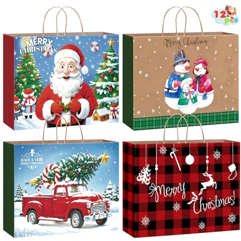 12PCS Extra Large Christmas Kraft Gift Paper Bags Bulk, Xmas Jumbo Tote Bags with Handle Wrapping Bags for Christmas Holiday New Year Party Favors Supplies, 50.8 x 38 x 17.8cm