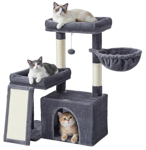 Feandrea Cat Tree Tower Condo with 2 Beds, Scratching Posts and Ramp, for Small and Medium Cats, Dark Grey PCT013GS01