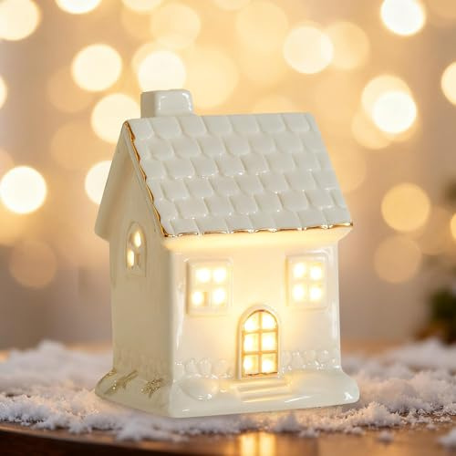 Zecnaud Weihnachtsdeko Häuser Laterne, LED Lichthäuser Keramik, Weihnachtshäuser Keramik Beleuchtet, Weihnachten Lichthaus Weiss Deko Häuser, Weihnachtshaus Beleuchtet für Weihnachtsdekoration (C)