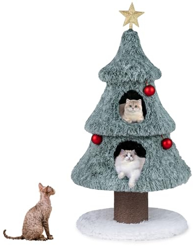 GYMAX 123 cm Kratzbaum Weihnachten, Katzenhaus mit Hängebällen, 2 Katzenhöhlen & Katzenbetten, Aktivzentrum für Kätzchen, Weihnachtsdekoration, Grün