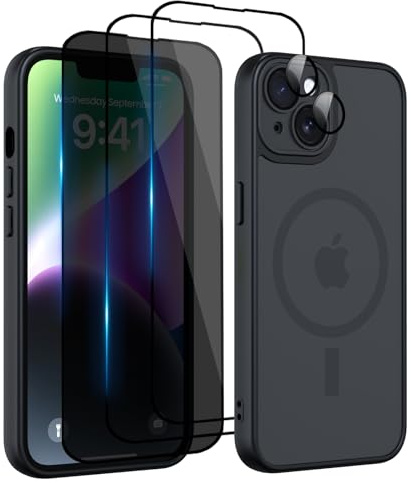 Nupcknn für iPhone 13 Hülle,3 Panzerglas[HD+HD+Anti-Spy] Magnetisch mit Magsafe Handyhülle für iPhone 13 Case Durchscheinende Matt Rückseite Dünn Stoßfest Schutzhülle