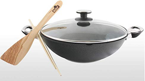 BAF Wok 32 cm mit Glasdeckel und Griffen - Aluguss Wokpfanne mit Antihaftbeschichtung, 10 cm Höhe und 4 L Volumen - für Gas & Elektro, nicht induktionsgeeignet - Made in Germany