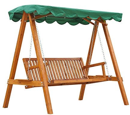 Outsunny 3 Seater Garden Swing Seat with Canopy, Wooden Swing Chair, Outdoor Hammock Bench for Balcony Patio Porch, Green