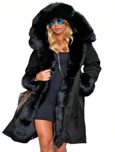 Aox Women Winter Faux Fur Hooded Coat Ladies Warm Thicken Lined Parka Jacket Plus Size Outdoor Overcoat (10, Black Faux Fur)