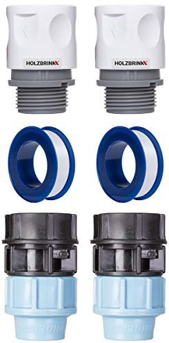 HOLZBRINK Set zum Anschluss von Verlegerohr 20mm an den Wasserhahn: 2X Schnellanschluss 20mm, 2X Verbindung PE 20mm, 2X Teflonband