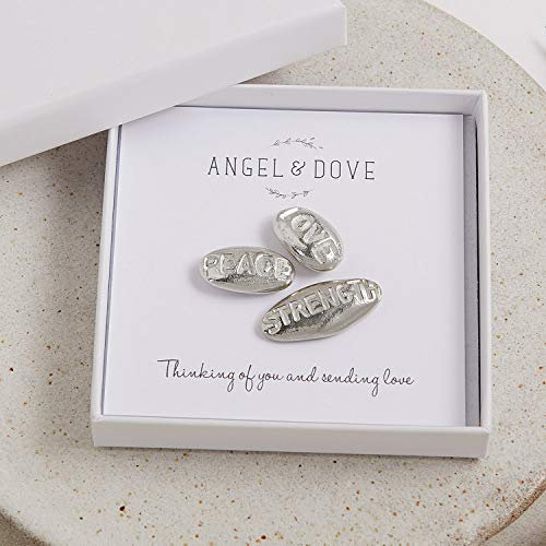 ANGEL & DOVE 3 Pewter 'Peace, Love, Strength' Pebbles Sympathy Gift with Bag & Card