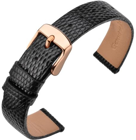 ANNEFIT Uhrenarmband 18mm Leder für Damen, Eidechsen-Prägung Ersatzarmband mit Edelstahl Roségold Schnalle (Schwarz)