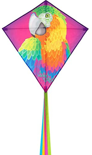 HQ Eddy Kinderdrachen Drachen Flugdrachen Einleiner Drachen zum steigen Lassen, wenig Wind, ab 5 Jahre, 68x68cm und 2m Drachenschwanz inkl. 17kp Polyesterschnur 40m auf Spule, 2-5 Bft (Parrot)