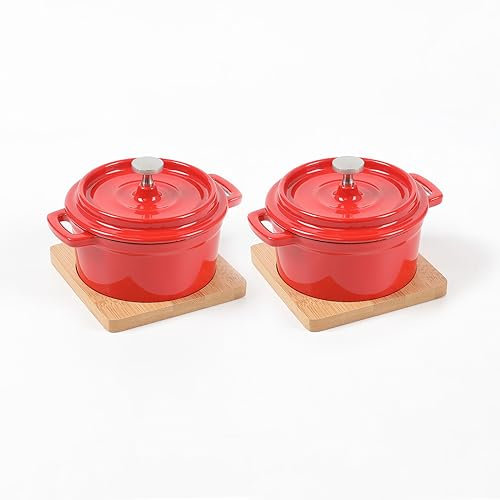 HAWOK Enameled Cast Iron Mini Cocotte Sauce pan with Lid 270ml/9.13oz/1.08cups Mini Dutch Oven Red Set of 2
