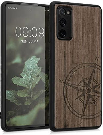 kwmobile Hülle kompatibel mit Samsung Galaxy S20 FE Hülle - Holz Case - Handy Cover - TPU Handyhülle in Dunkelbraun Kompass Vintage