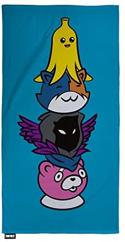 Fortnite - Toalla Oficial (140 x 70 cm, Peely, Meowscles, Raven and Cuddle Team Leader | 100% algodón súper Suave, Ideal para el hogar, la Playa y la Piscina,