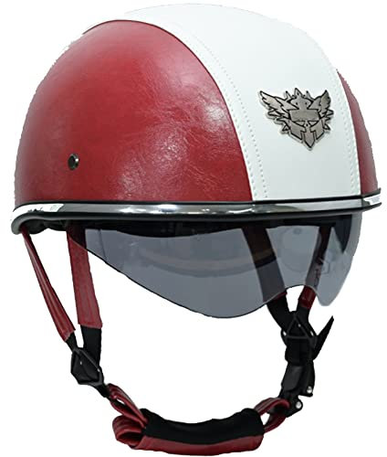 Deutscher Retro-Leder-Motorrad-Halbhelm DOT/ECE-zugelassener, atmungsaktiver, bequemer, Leichter Jethelm für Männer und Frauen mit Sonnenblende,Rot,S