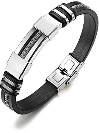 KALVICA Bracciale Uomo Bracciale Nero in Acciaio Inox in Pelle di Silicone per Gli Uomini Bracciale Regolabile Bracciale 21 cm