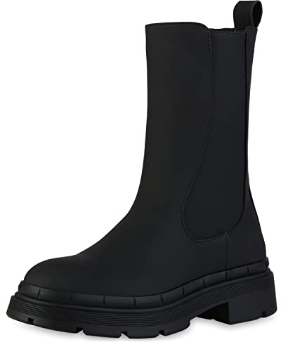 VAN HILL Damen Klassische Stiefel Leicht Gefütterte Blockabsatz Schuhe Profilsohle Boots Freizeitstiefel Plateauschuhe 208417 Schwarz 37