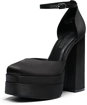 DREAM PAIRS Women’s High Chunky Platform Closed Toe Block Heels Square Toe Ankle Strap Dress Wedding Party Pumps Shoes Aurelia,Size 7.5,Black-Satin,SDPU2319W