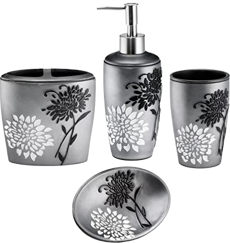 Zahari Home 4-teiliges Erica Badezimmer-Zubehör-Set, moderner klassischer Seifenspender, Becher, Zahnbürstenhalter und Seifenschalenhalter, einzigartiges Design, graues Badezimmer-Set